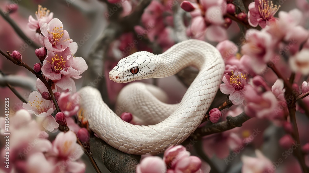 A white snake nestled among delicate pink blossoms. A white snake nestled among delicate pink blossoms.