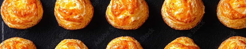 A row of golden, flaky pastries, freshly baked, showcasing a crispy texture and rich, savory filling. A row of golden, flaky pastries, freshly baked, showcasing a crispy texture and rich, savory filling.