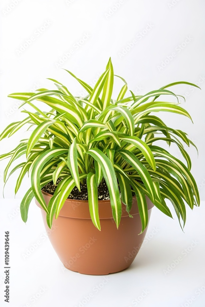 Vibrant green potted spider plant on white backdrop Vibrant green potted spider plant on white backdrop