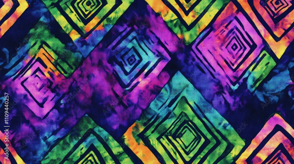 Obraz premium Colorful tie dye boho fabric pattern with geometric green accents perfect for trendy textile design
