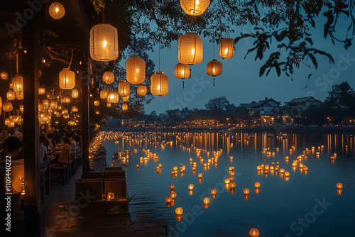 Floating lanterns illuminate the tranquil river during a vibrant festival of lights at dusk photo