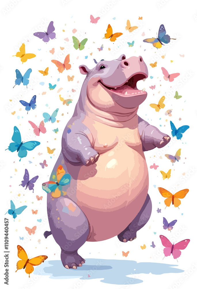 Fototapeta premium Hippopotamus Vector Painting Adorable Fun Animal Playing With Butterfly
