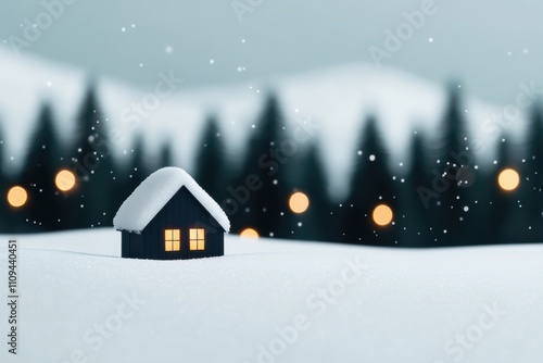 winter wonderland, softly falling snowflakes on a warm cabin amidst snow-covered pines and shimmering fairy lights create a magical scene photo