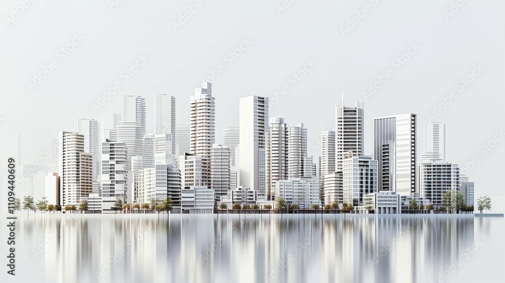 Fototapeta premium A detailed and reflective digital rendering of a futuristic urban skyline with modern buildings mirrored on a glossy surface. AI generated.