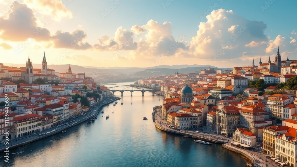 Obraz premium Panoramic March 2020 view of Porto's Ribeira district.