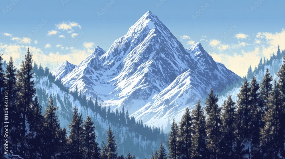 Fototapeta premium A snowy mountain peak towering over a dense forest, with clear skies above. without people, one color background 