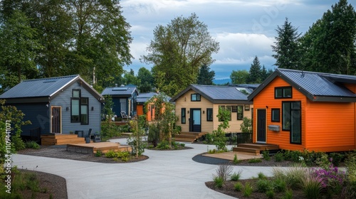 Colorful tiny houses in a community setting, showcasing modern, eco-friendly design and landscaping.