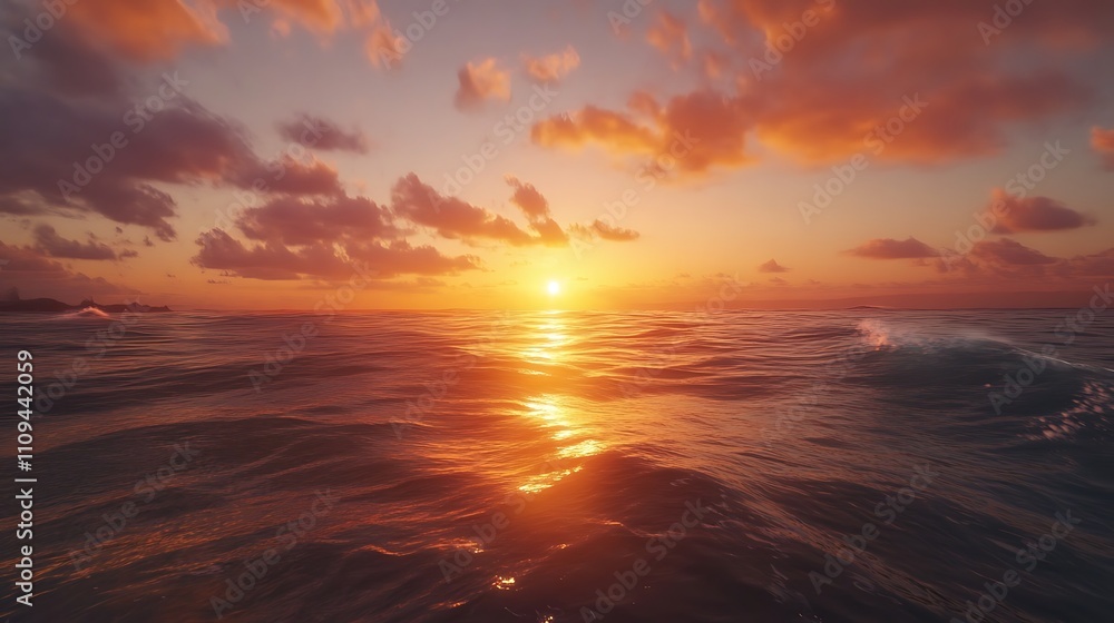 Obraz premium A serene sunset over calm ocean waters, reflecting warm hues and gentle waves.