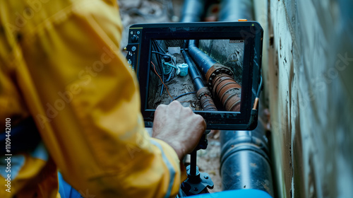 Sewer inspector reviewing footage on a portable monitor, with a sewer pipe and inspection equipment in the background