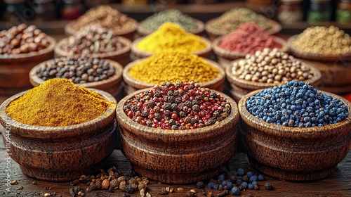 Spices in glass jars, including cinnamon, cloves, and coriander, placed on a wooden table ready for cooking