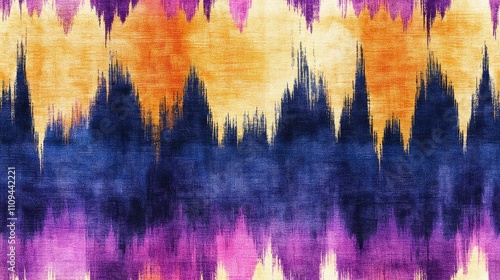 Colorful ethnic tie dye print featuring seamless ikat and watercolor designs in gold indigo and purple perfect for wallpaper or fabric use