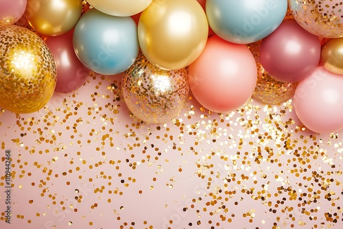 Birthday background with balloons and particals photo