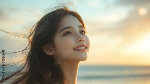 Young woman smiles at sunset, wind blowing hair.