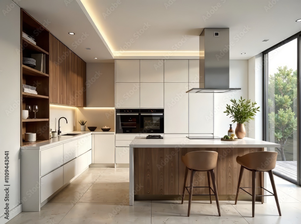 Modern Minimalist Kitchen Close-up, Beige Walnut Wood Cabinets, LED Lights, Floating Ceiling, Natural Light, AI Photo