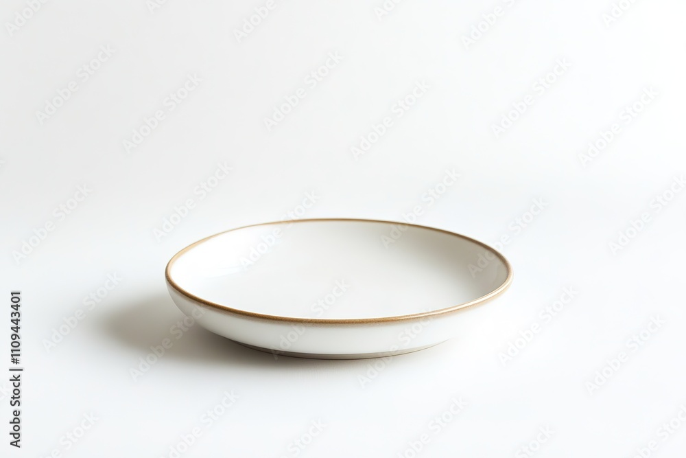 Minimalistic white plate with golden rim on plain background Minimalistic white plate with golden rim on plain background