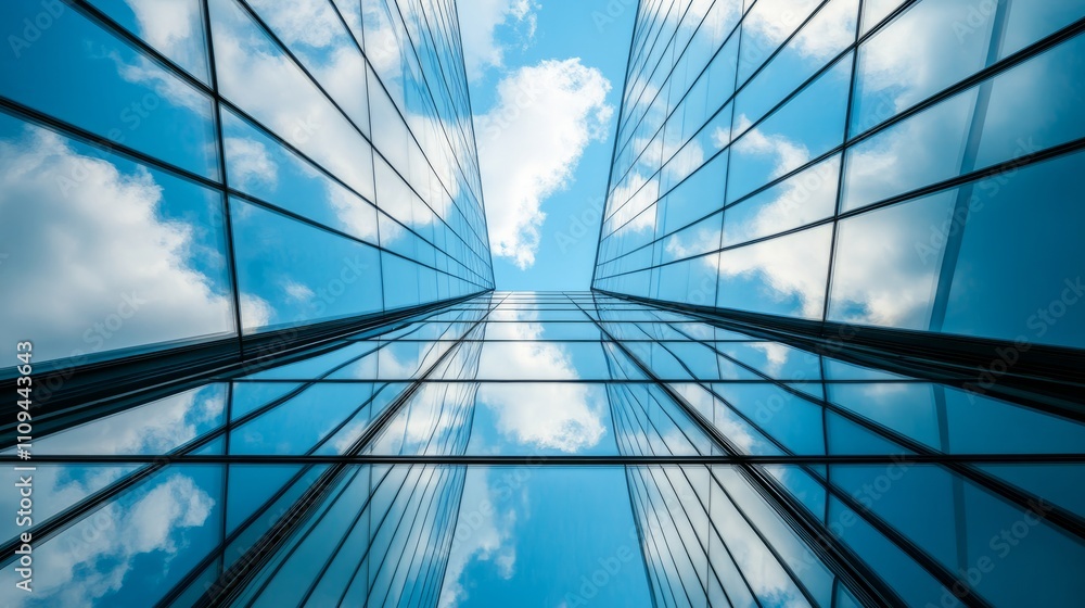 Obraz premium A minimalist glass tower, viewed from the ground, showing clean reflections of the sky