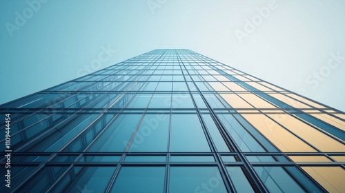 A minimalist glass tower, viewed from the ground, showing clean reflections of the sky