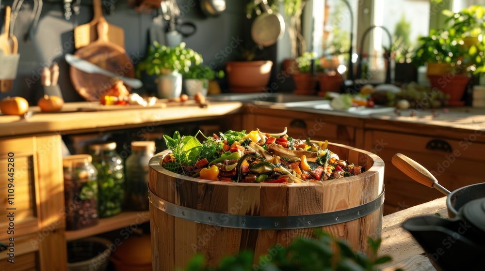 Sunlit rustic kitchen with large wooden bowl of fresh salad. Sunlit rustic kitchen with large wooden bowl of fresh salad.