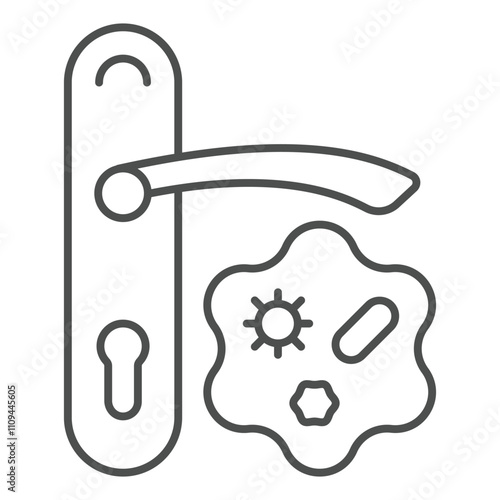 Doorknob with bacteria thin line icon, coronavirus concept. Vector graphics. Door handle with virus sign on white background, outline style icon for mobile or web design.