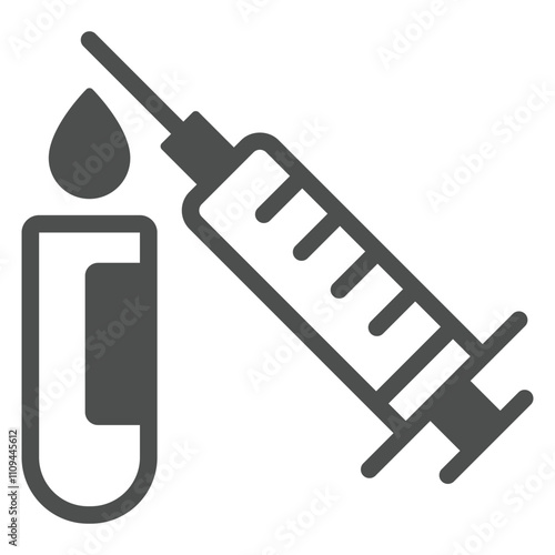 Analysis flask and syringe concept. Vector graphics. blood test concept. Vector graphics. Medical flask blood drop sign on white background, glyph style icon for mobile or web design.