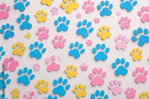 Hearts and paws seamless repeat pattern background. Pet background vector, pastel. Cute colorful paw wallpaper.