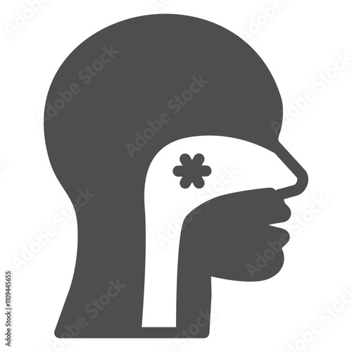 Person nose nasopharynx flu virus solid icon, illness danger concept. Vector graphics. Human head with virus sign on white background, glyph style icon for mobile or web design.