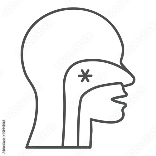 Person nose nasopharynx flu virus thin line icon, illness danger concept. Vector graphics. Human head with virus sign on white background, outline style icon for mobile or web design.