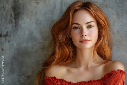 Young Redhead Woman Model Glowing Skin, Red Dress