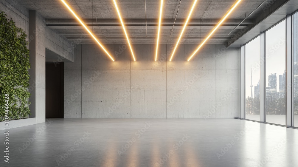 A large, empty room with a white wall and a ceiling A large, empty room with a white wall and a ceiling