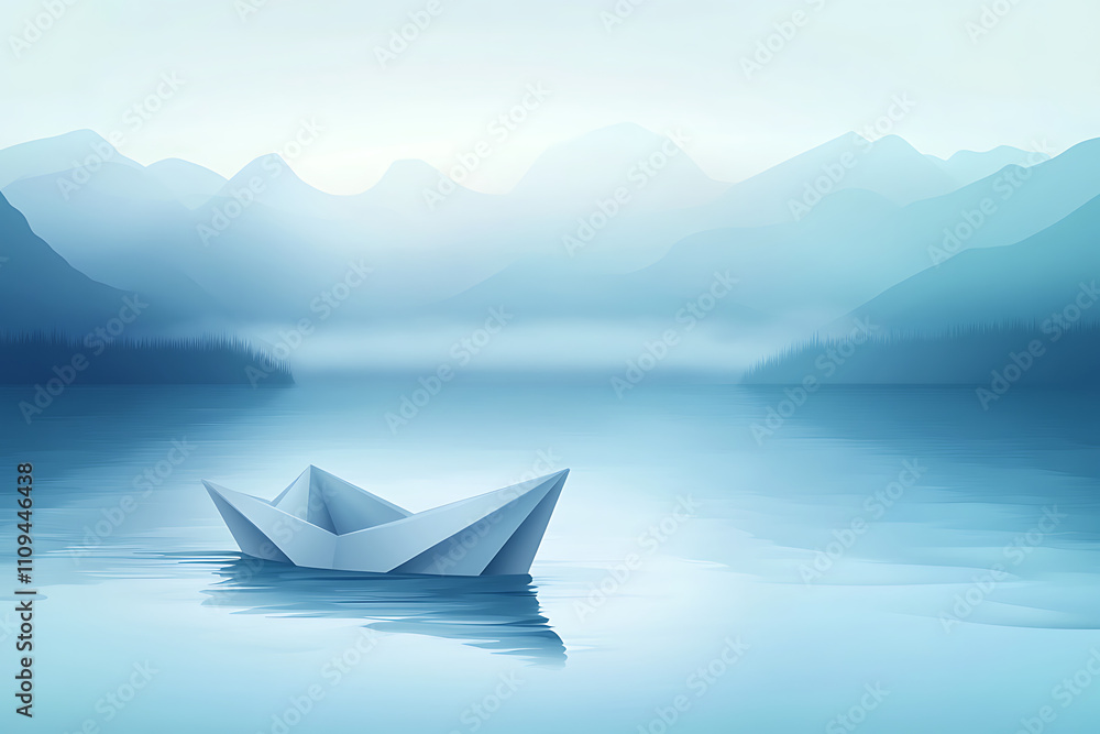 Obraz premium A serene landscape featuring a paper boat on calm waters surrounded by mountains.