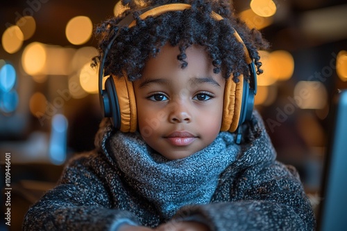 A cheerful young boy in a cozy home setting, wearing headphones and interacting with his laptop during a virtual study session photo