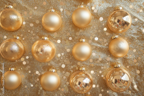 collection of shiny gold christmas ornaments on a glittery golden background, perfect for festive season decorations