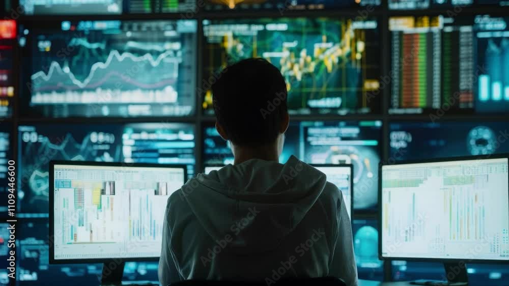 Data Analyst Monitoring Stock Market Trends on Multiple Screens Data Analyst Monitoring Stock Market Trends on Multiple Screens