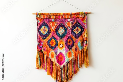 Brightly colored handmade wall hanging with tassels.