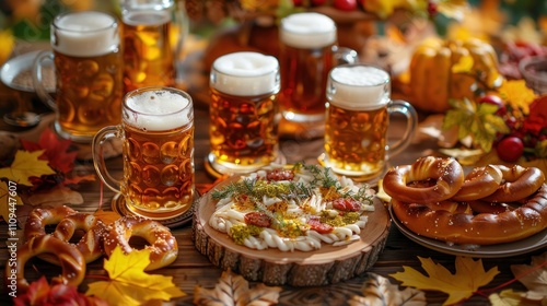 Autumn harvest feast with beer, pretzels, and fall foliage.