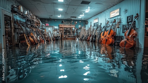 Waterlogged Music Store with Guitars and Instruments in Flood