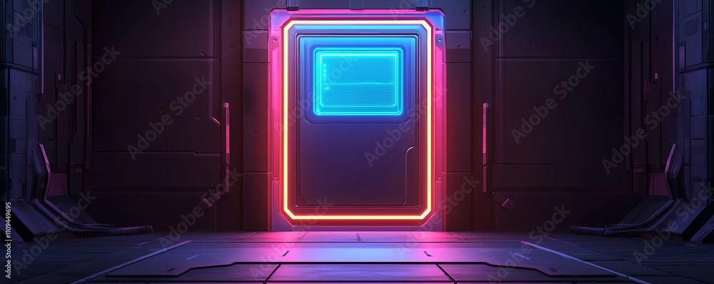 Futuristic neon door in a dark sci-fi environment, glowing with vibrant colors. Futuristic neon door in a dark sci-fi environment, glowing with vibrant colors.