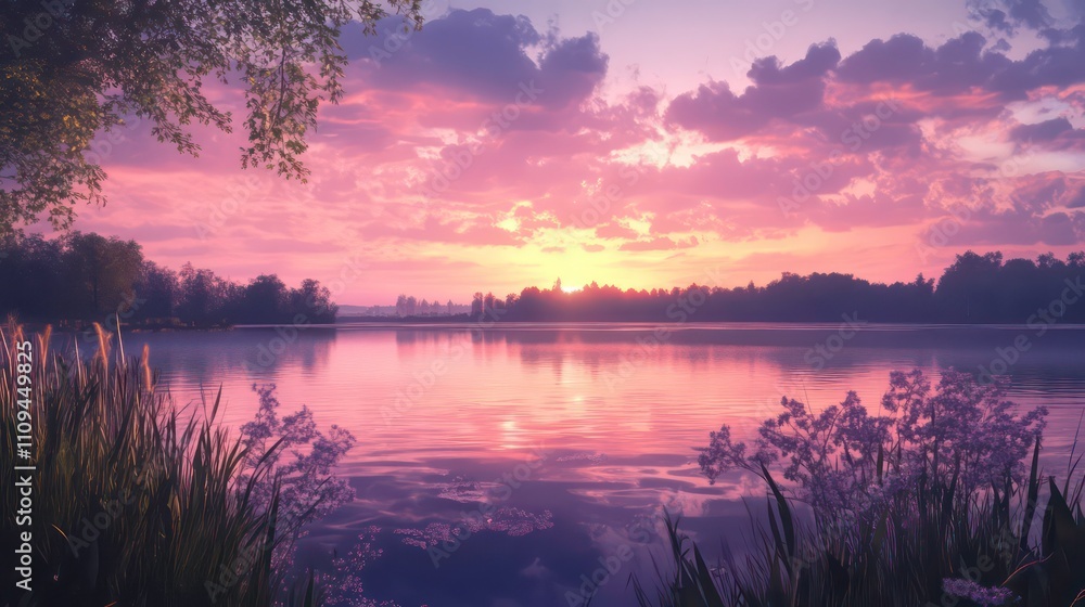 Serene sunset over calm lake, reflected colors in water, plants in foreground. Serene sunset over calm lake, reflected colors in water, plants in foreground.