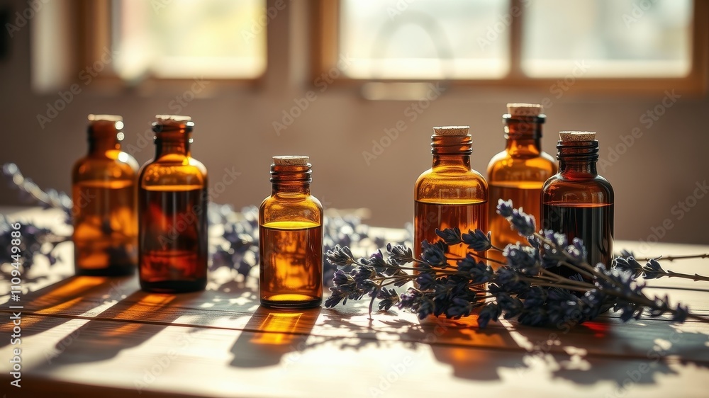 A collection of amber glass bottles filled with essential oil, surrounded by sprigs of dried lavender, arranged on a wooden table in warm sunlight. A collection of amber glass bottles filled with essential oil, surrounded by sprigs of dried lavender, arranged on a wooden table in warm sunlight.