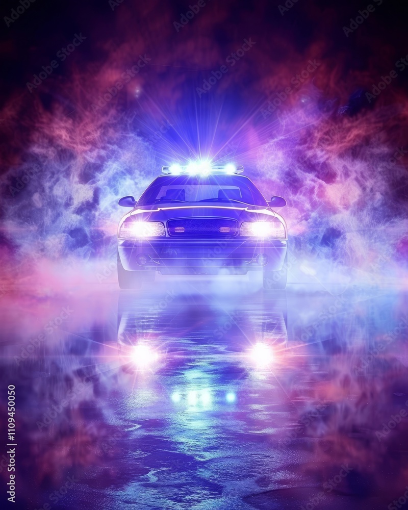 Naklejka premium Flashing siren lights on emergency vehicles with overlay effect amidst fog on dark night background
