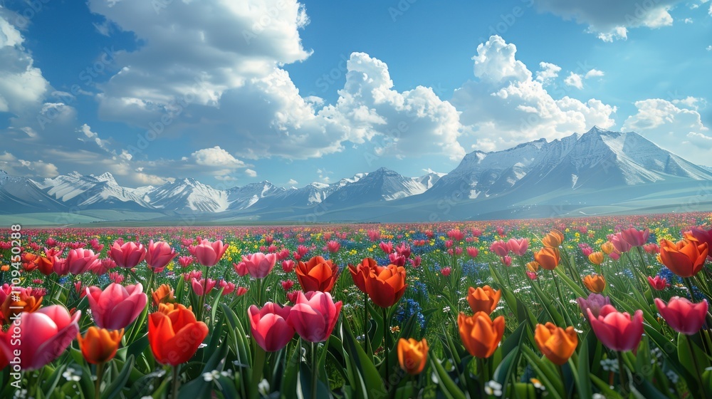 Vibrant tulip field against majestic snow-capped mountains under a bright blue sky. Vibrant tulip field against majestic snow-capped mountains under a bright blue sky.