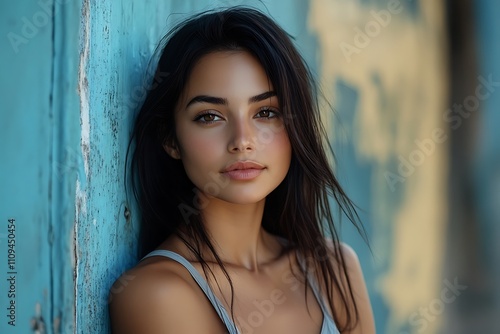 Young Woman Pensive Expression Warm Glow Faded Wall