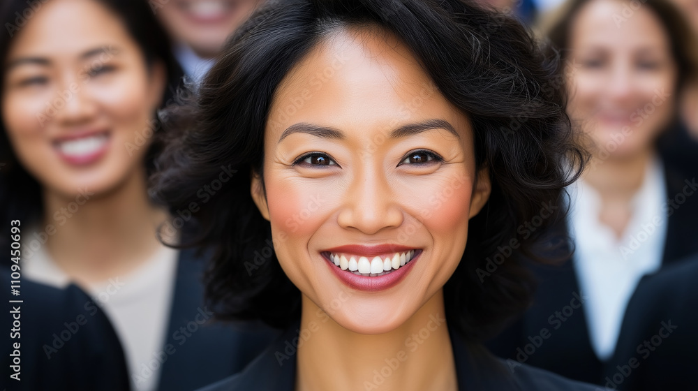 A confident businesswoman smiling brightly stands among a diverse group of professionals, symbolizing teamwork, leadership, and success in a corporate setting. A confident businesswoman smiling brightly stands among a diverse group of professionals, symbolizing teamwork, leadership, and success in a corporate setting.