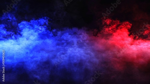 Flashing red and blue sirens on emergency vehicles surrounded by fog in a dark night setting