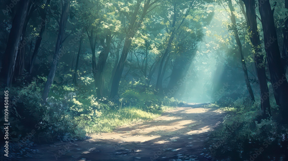 Obraz premium Sunlit path winding through a lush, misty forest.