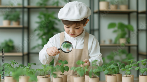 A curious child in a white cap and apron examines plants with a magnifying glass, surrounded by potted greenery, symbolizing exploration and learning. photo