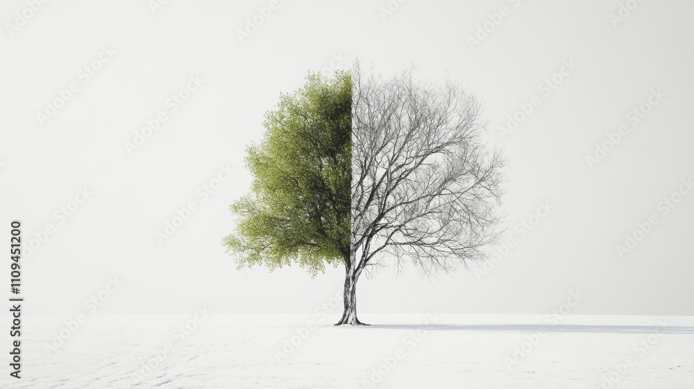 Tree in Dual Seasons Displaying Contrast Between Life and Desolation Tree in Dual Seasons Displaying Contrast Between Life and Desolation
