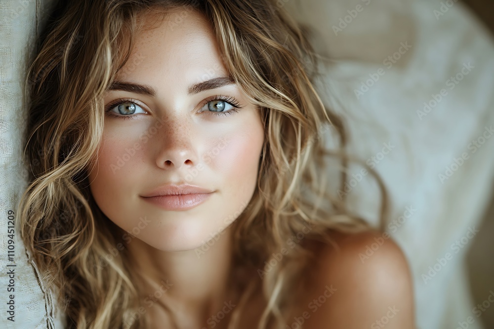 Young Woman Portrait Soft Light, Freckles, Linen Background Young Woman Portrait Soft Light, Freckles, Linen Background