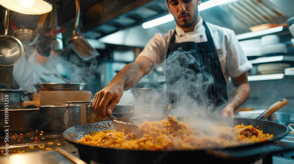 Chef cooking paella in a busy kitchen. Chef cooking paella in a busy kitchen.