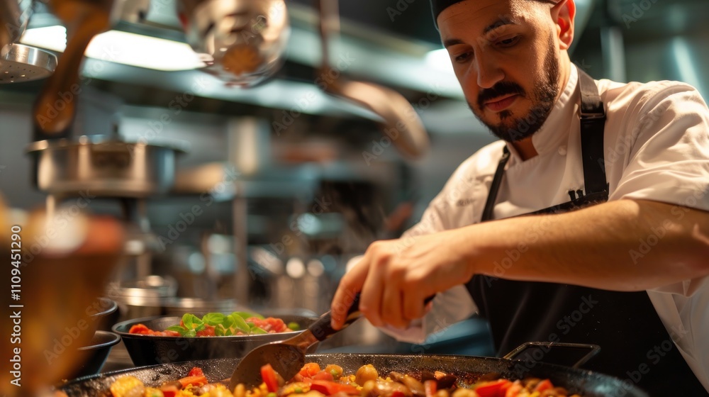 Chef preparing paella in a busy restaurant kitchen. Chef preparing paella in a busy restaurant kitchen.